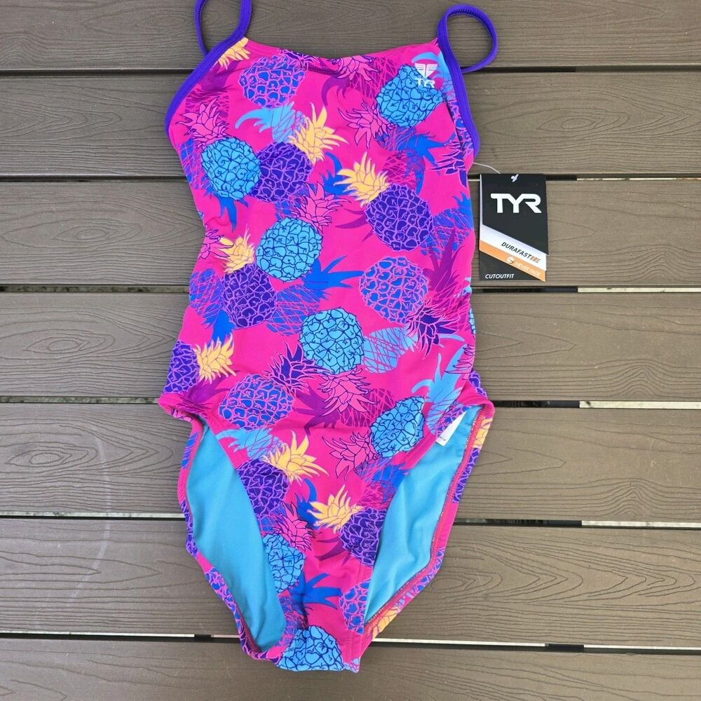 TYR Women's Durafast Pink Panama Pineapple Cutoutfit One Piece Swim Size 32 New